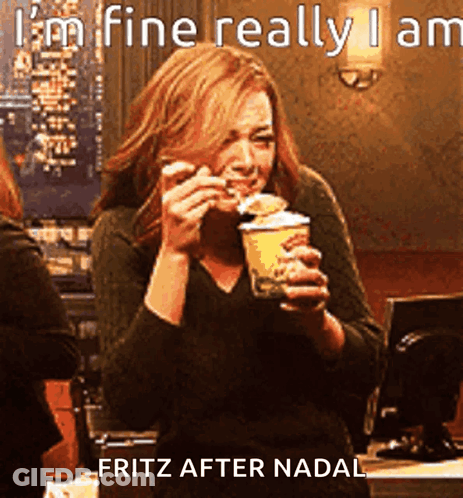 A Woman Is Eating A Ice Cream Cone With The Caption I 'M Fine Really I Am Fritz After Nadal GIF