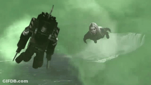 A Woman Is Flying In The Air Next To A Robot GIF