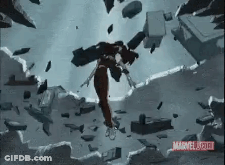 A Woman Is Flying Through The Air In A Cartoon While A Building Is Being Destroyed . GIF