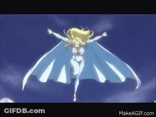 A Woman Is Flying Through The Air With Her Wings Outstretched . GIF