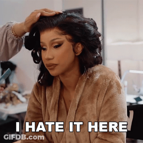 A Woman Is Getting Her Hair Done And The Words I Hate It Here Are On The Screen GIF