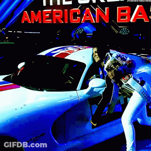 A Woman Is Getting Out Of A Sports Car Under A Sign That Says American Ba GIF
