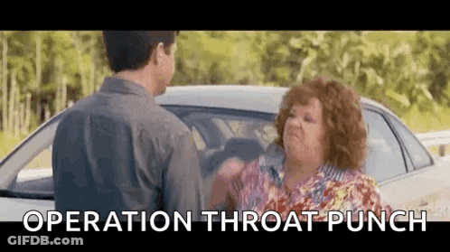 A Woman Is Giving A Man A Throat Punch While Sitting In A Car . GIF