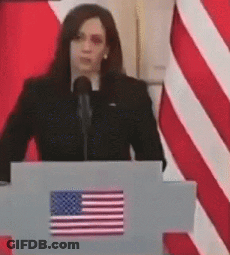 A Woman Is Giving A Speech At A Podium With An American Flag In Front Of Her GIF