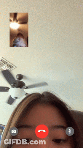 A Woman Is Having A Video Call With Another Person With A Ceiling Fan In The Background GIF