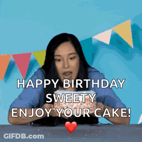 A Woman Is Holding A Birthday Cake With The Words Happy Birthday Sweety Enjoy Your Cake GIF