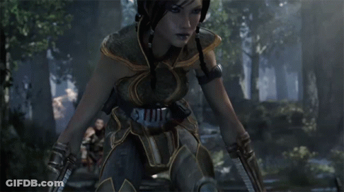 A Woman Is Holding A Blue Light Saber With A Belt That Says ' Stealth ' On It GIF