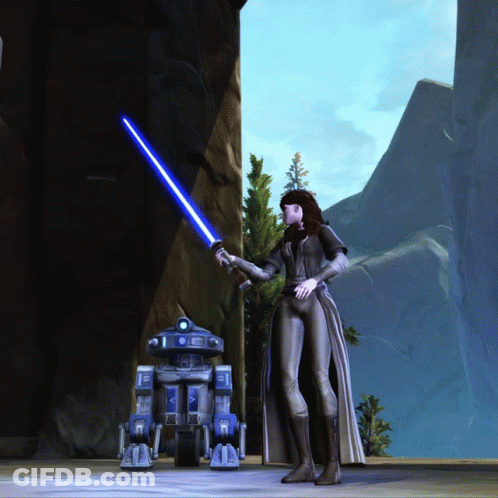 A Woman Is Holding A Blue Lightsaber In Front Of A Robot That Has The Letter R On It GIF