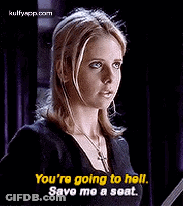 A Woman Is Holding A Book And Saying `` You 'Re Going To Hell , Save Me A Seat . '' GIF