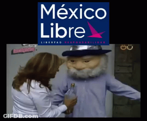 A Woman Is Holding A Bottle Of Alcohol Next To A Mascot That Says Mexico Libre GIF