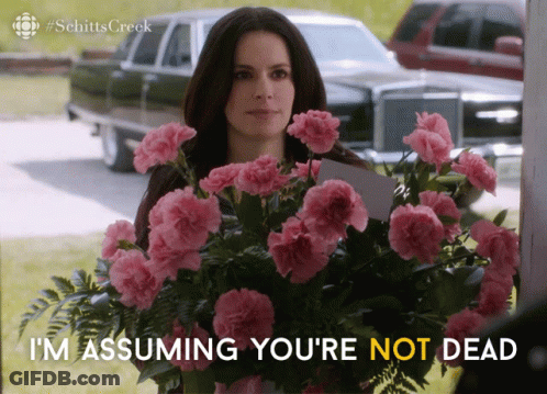A Woman Is Holding A Bouquet Of Pink Flowers And Says I 'M Assuming You 'Re Not Dead GIF