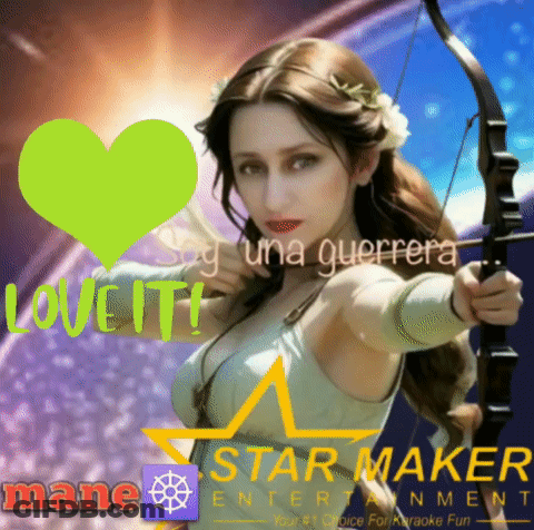 A Woman Is Holding A Bow And Arrow With A Star Maker Entertainment Logo GIF