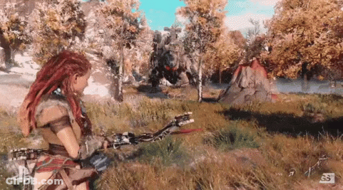 A Woman Is Holding A Bow In A Video Game GIF