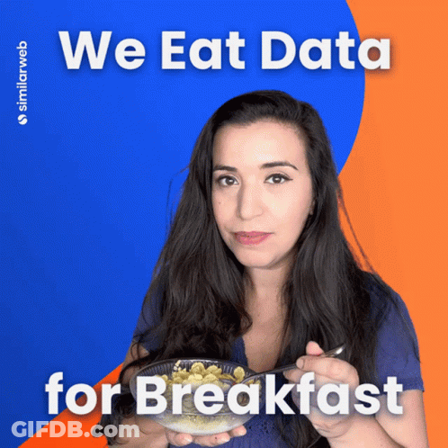 A Woman Is Holding A Bowl Of Cereal And The Words We Eat Data For Breakfast Are Above Her GIF