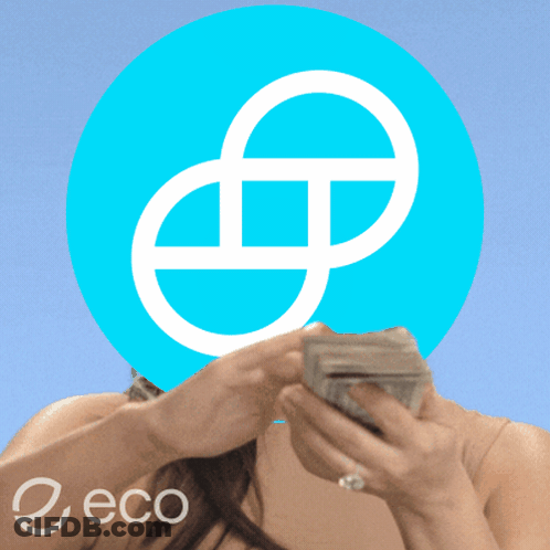 A Woman Is Holding A Bunch Of Money In Front Of A Blue Circle With A White E On It GIF