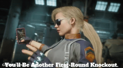 A Woman Is Holding A Cell Phone With The Words " You 'Ll Be Another First-Round Knockout " Above Her GIF