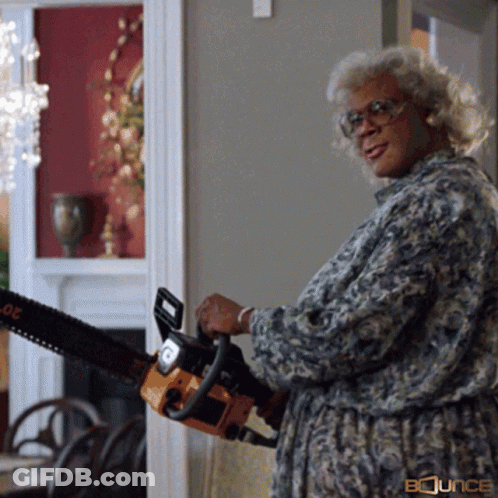 A Woman Is Holding A Chainsaw With Bounce Written On The Bottom GIF