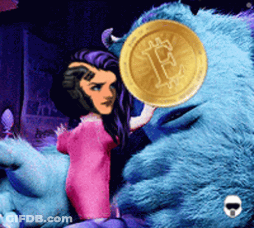 A Woman Is Holding A Coin With The Letter B On It GIF