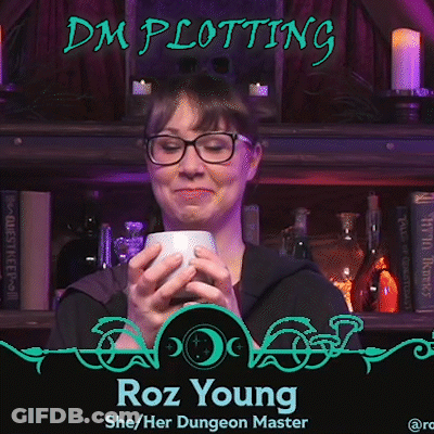 A Woman Is Holding A Cup In Front Of A Bookshelf With The Name Roz Young On The Bottom GIF