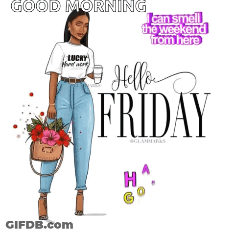 A Woman Is Holding A Cup Of Coffee And A Basket Of Flowers On A Good Morning Friday Greeting Card . GIF