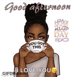 A Woman Is Holding A Cup Of Coffee In Front Of Her Face And Saying `` Good Afternoon , I Love You '' . GIF
