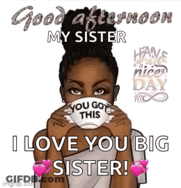 A Woman Is Holding A Cup Of Coffee In Front Of Her Face And Saying Good Afternoon My Sister GIF