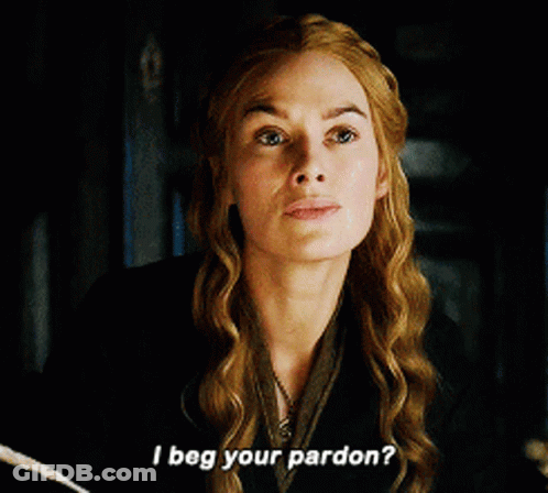 A Woman Is Holding A Feather And Asking If She Begs Your Pardon GIF