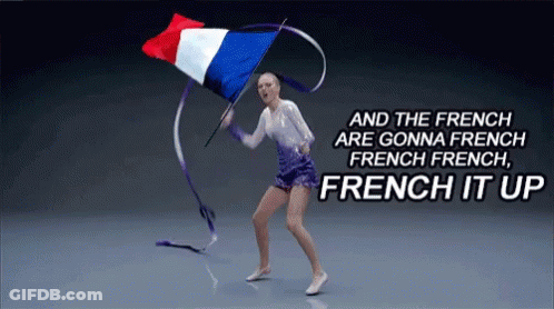 A Woman Is Holding A French Flag And Dancing With A Ribbon GIF