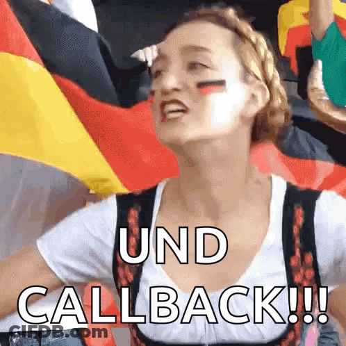 A Woman Is Holding A German Flag And Says " Und Callback " GIF