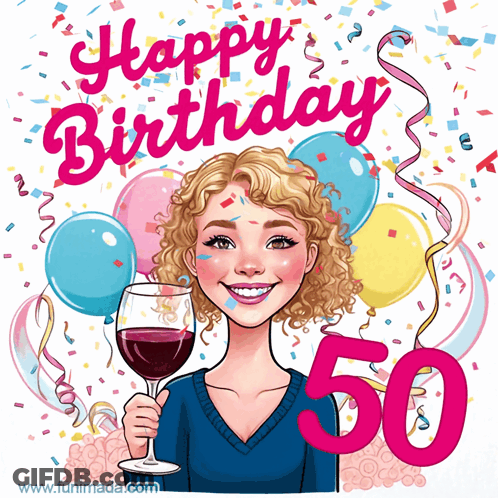 A Woman Is Holding A Glass Of Wine In Front Of Balloons And Confetti And Says Happy Birthday 50 GIF