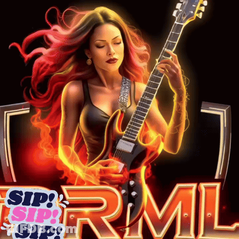 A Woman Is Holding A Guitar In Front Of A Sign That Says Rml GIF