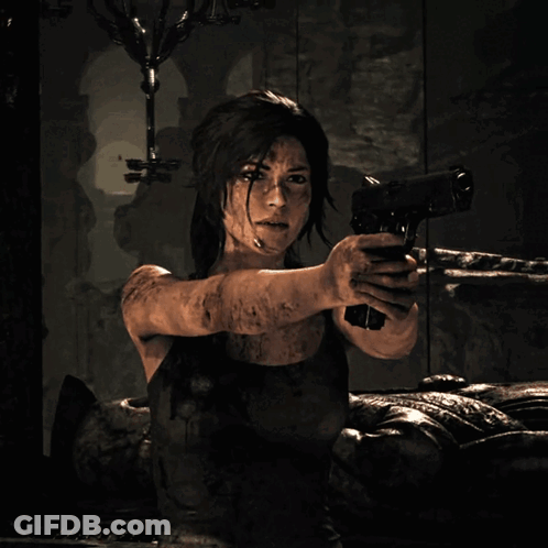 A Woman Is Holding A Gun In Front Of A Sign That Says " Who " GIF