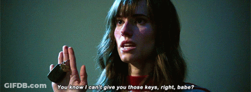 A Woman Is Holding A Key In Her Hand And Says " You Know I Can 'T Give You Those Keys Right Babe " GIF