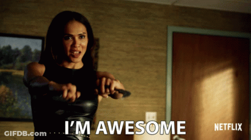 A Woman Is Holding A Knife And Says I 'M Awesome In Front Of A Netflix Logo GIF