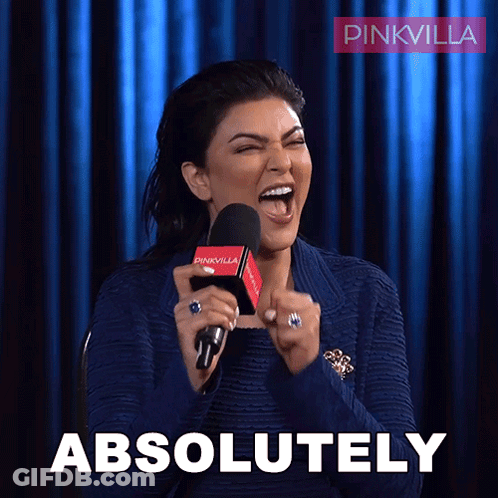 A Woman Is Holding A Microphone And The Word Absolutely Is On The Bottom GIF