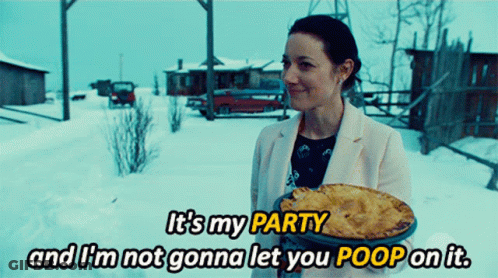A Woman Is Holding A Pie And Says It 'S My Party GIF