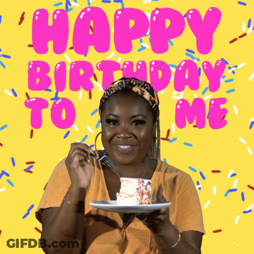 A Woman Is Holding A Piece Of Cake In Front Of A Happy Birthday To Me Sign GIF