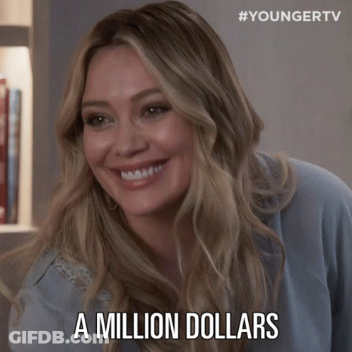 A Woman Is Holding A Piece Of Paper With The Words A Million Dollars Written On It GIF