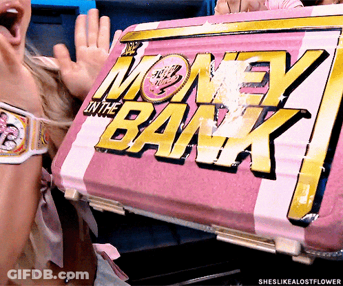 A Woman Is Holding A Pink And White Box That Says Money In The Bank GIF