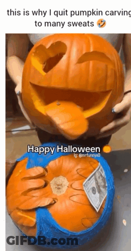 A Woman Is Holding A Pumpkin Carved To Look Like A Duck GIF