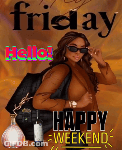 A Woman Is Holding A Purse And A Bottle Of Wine With The Words Friday Happy Weekend GIF