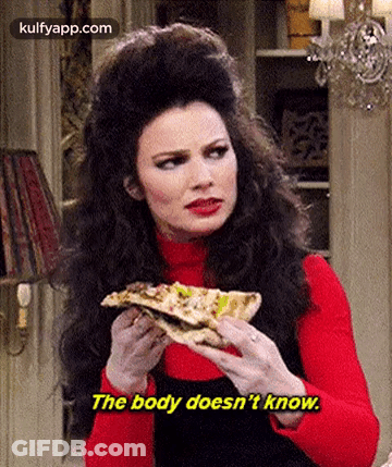 A Woman Is Holding A Slice Of Pizza In Her Hands And Saying `` The Body Does N't Know '' . GIF