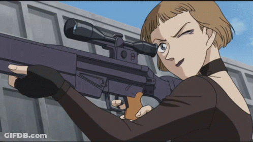 A Woman Is Holding A Sniper Rifle With A Scope GIF