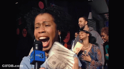 A Woman Is Holding A Stack Of Money In Front Of A Microphone That Says News 3 GIF