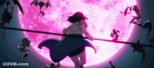 A Woman Is Holding A Stick In Front Of A Pink Moon Surrounded By Bats . GIF