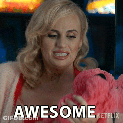 A Woman Is Holding A Stuffed Flamingo And Says Awesome Netflix On The Bottom GIF