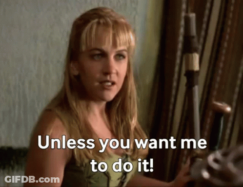 A Woman Is Holding A Sword In Her Hand And Says `` Unless You Want Me To Do It ! '' GIF