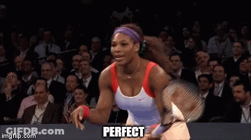 A Woman Is Holding A Tennis Racquet And The Word Perfect Is On The Bottom GIF