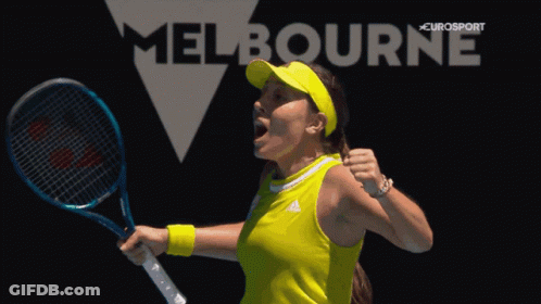 A Woman Is Holding A Tennis Racquet In Front Of A Melbourne Sign GIF