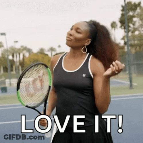 A Woman Is Holding A Tennis Racquet On A Tennis Court And Saying `` Love It ! '' GIF